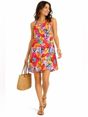 C&C California Linen Dress Small Colorful Sleeveless Floral Bright Summer Beach
